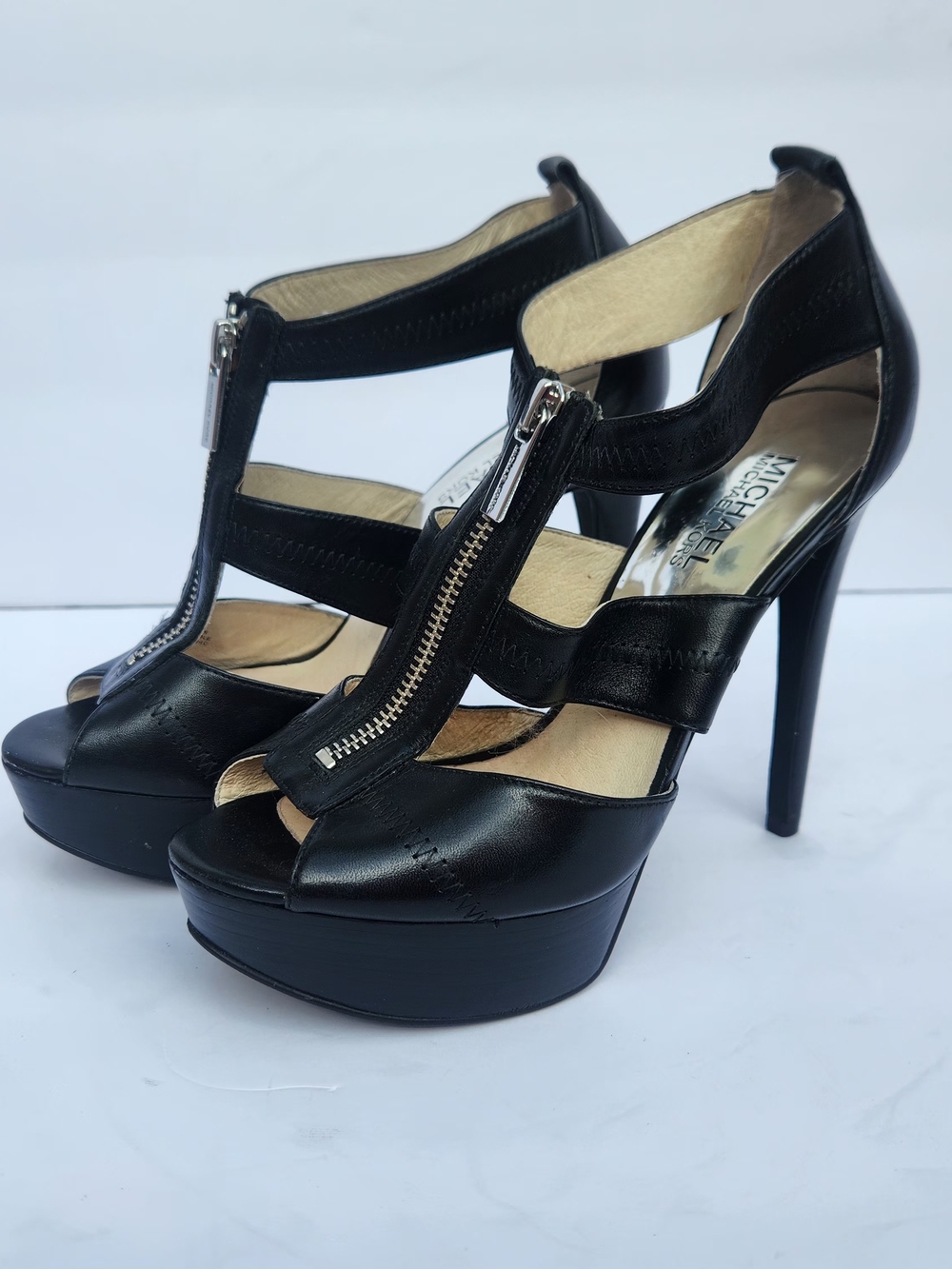 Michael Kors Black Leather Zip T-Strap Platform Stilettos 7M